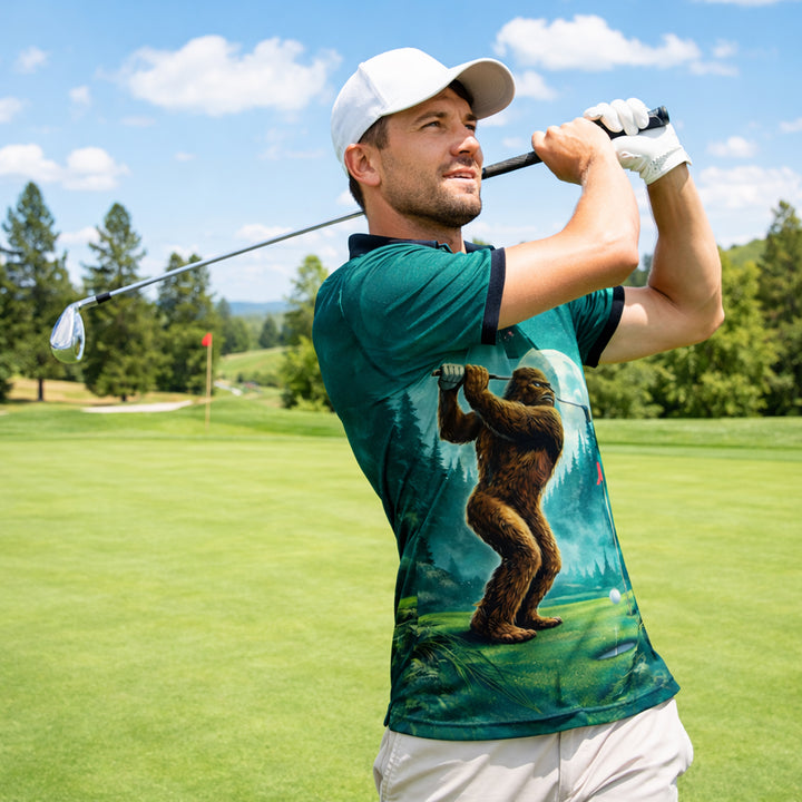 Bigfoot Golf Polo Shirt Custom Name Funny Golfer Sasquatch Moon Night Golf Shirt Gift