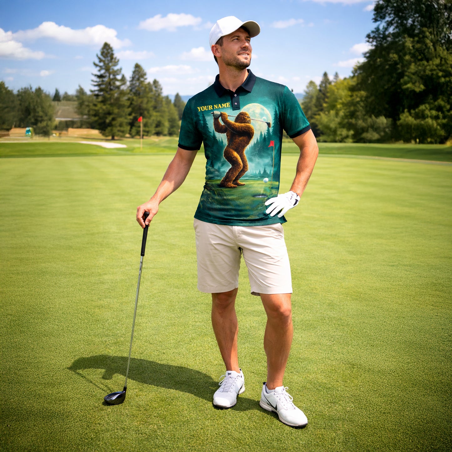 Bigfoot Golf Polo Shirt Custom Name Funny Golfer Sasquatch Moon Night Golf Shirt Gift