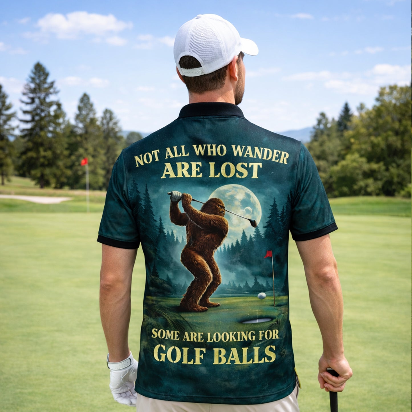 Bigfoot Golf Polo Shirt Custom Name Funny Golfer Sasquatch Moon Night Golf Shirt Gift