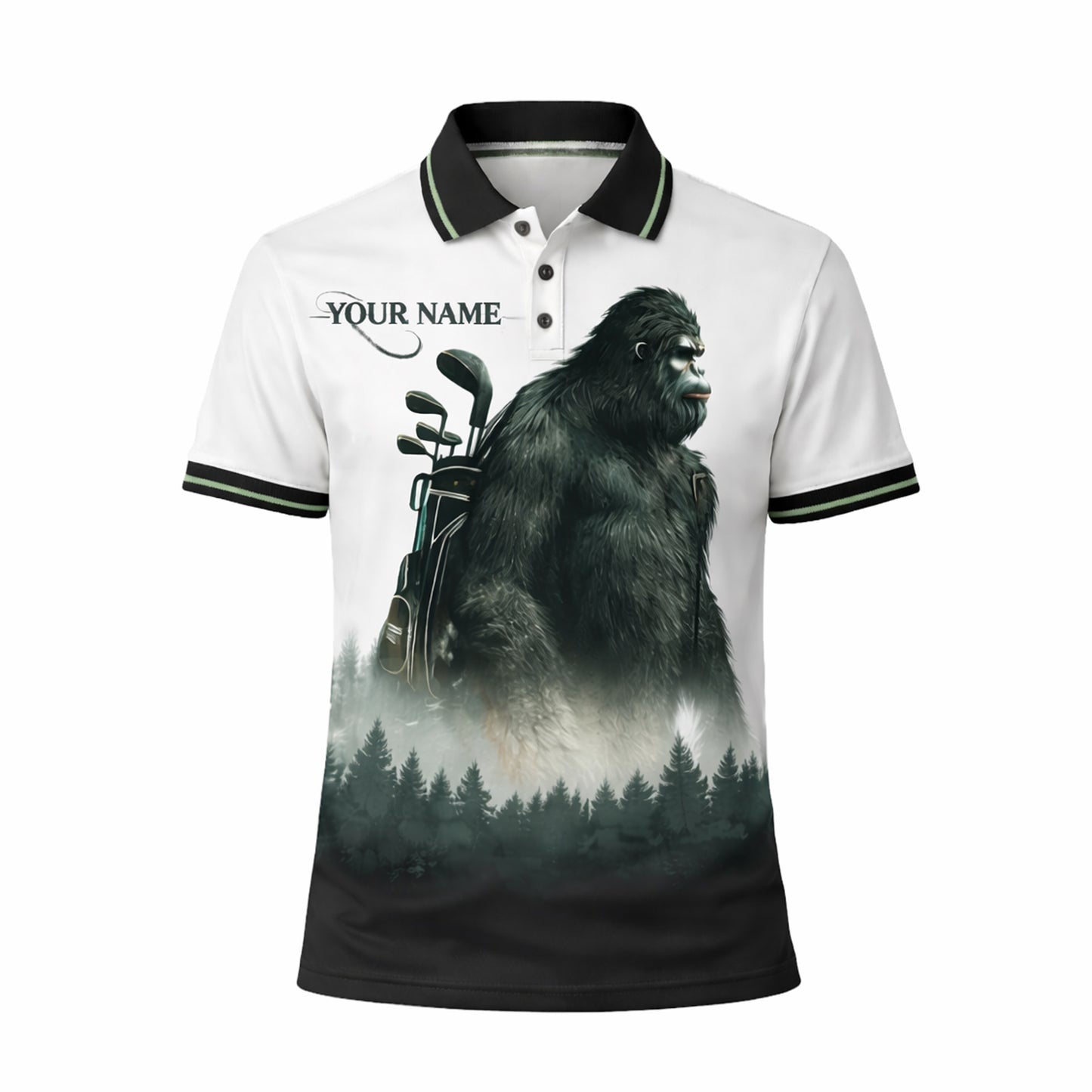 Personalized Bigfoot Golf Polo Shirt Funny Golfer Sasquatch Design Custom Name Breathable Performance Tee