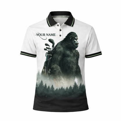 Personalized Bigfoot Golf Polo Shirt Funny Golfer Sasquatch Design Custom Name Breathable Performance Tee