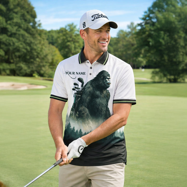 Personalized Bigfoot Golf Polo Shirt Funny Golfer Sasquatch Design Custom Name Breathable Performance Tee