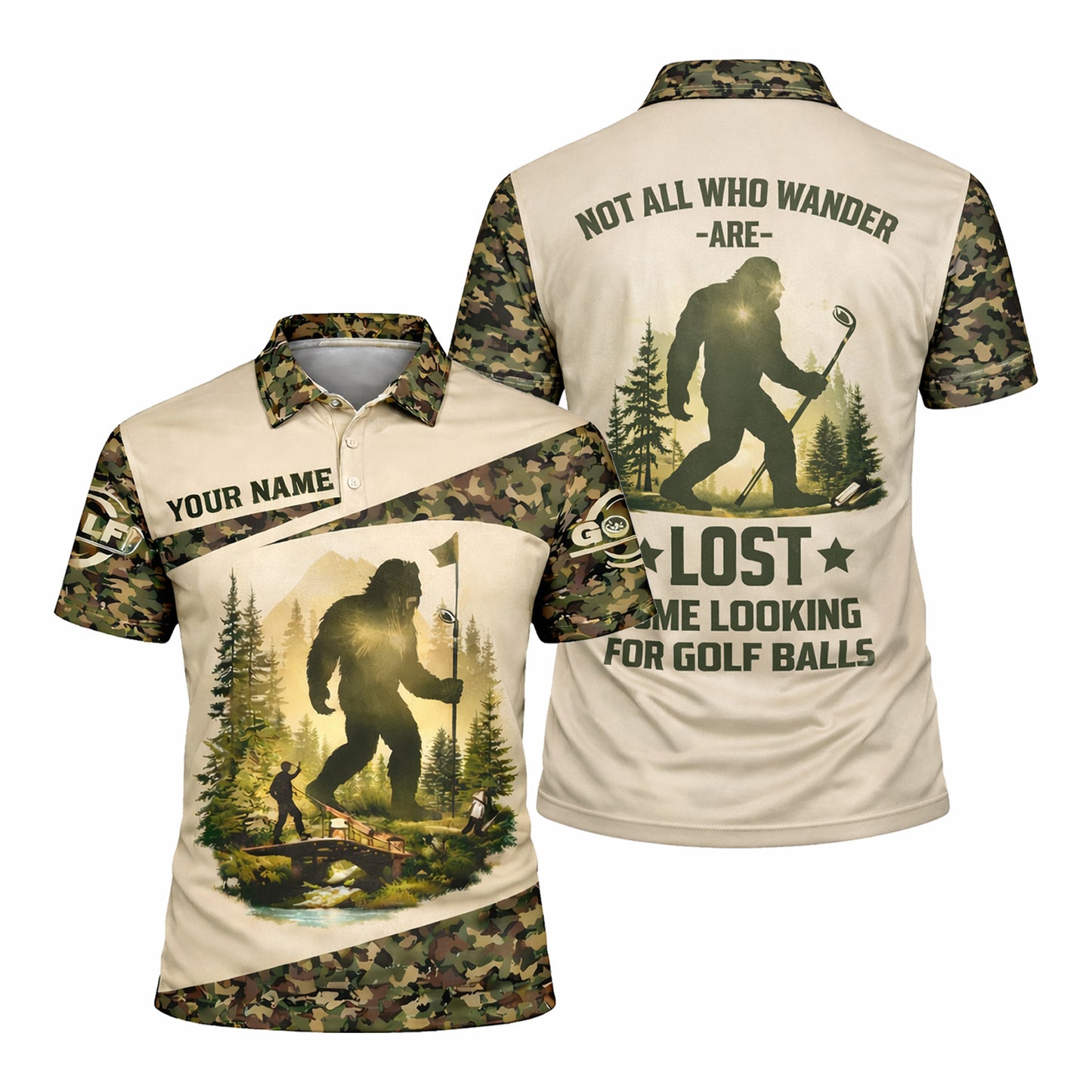 Bigfoot Golf Polo Shirt Funny Golfer Custom Name Camo Short Sleeve Performance Shirt