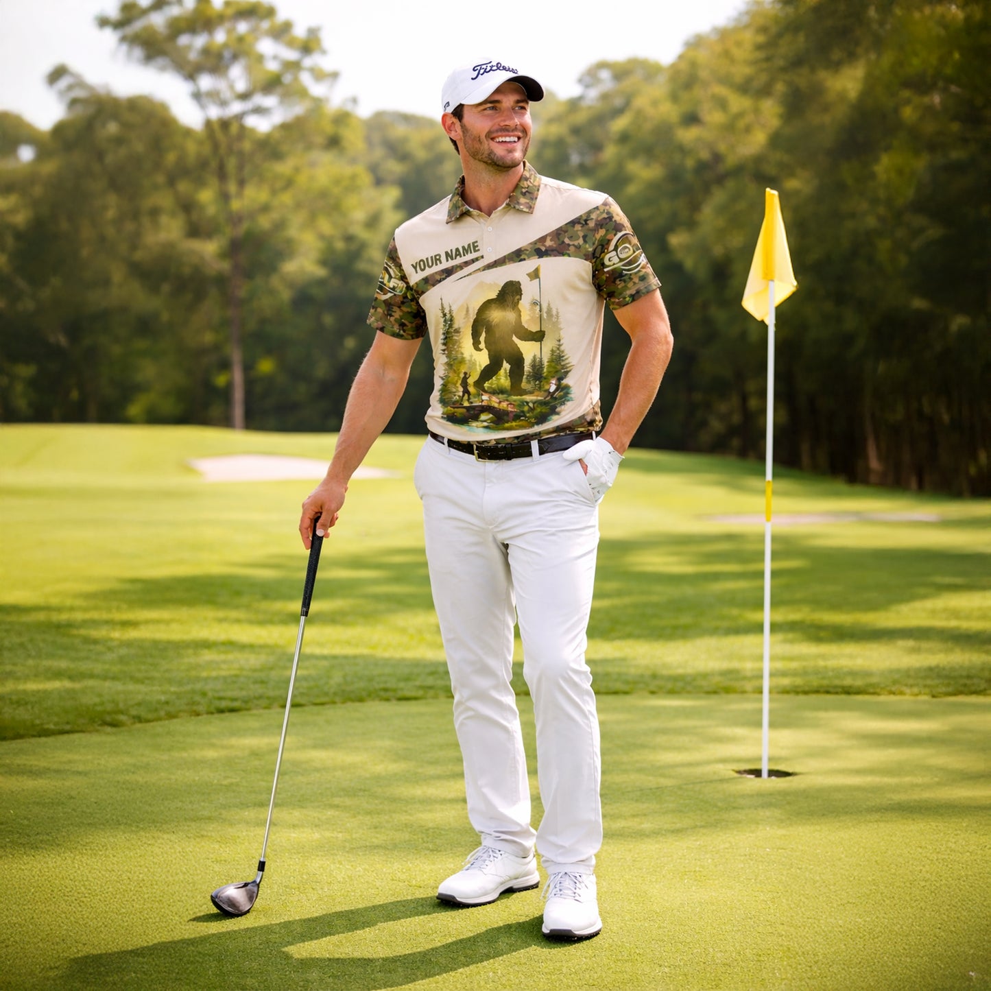 Bigfoot Golf Polo Shirt Funny Golfer Custom Name Camo Short Sleeve Performance Shirt