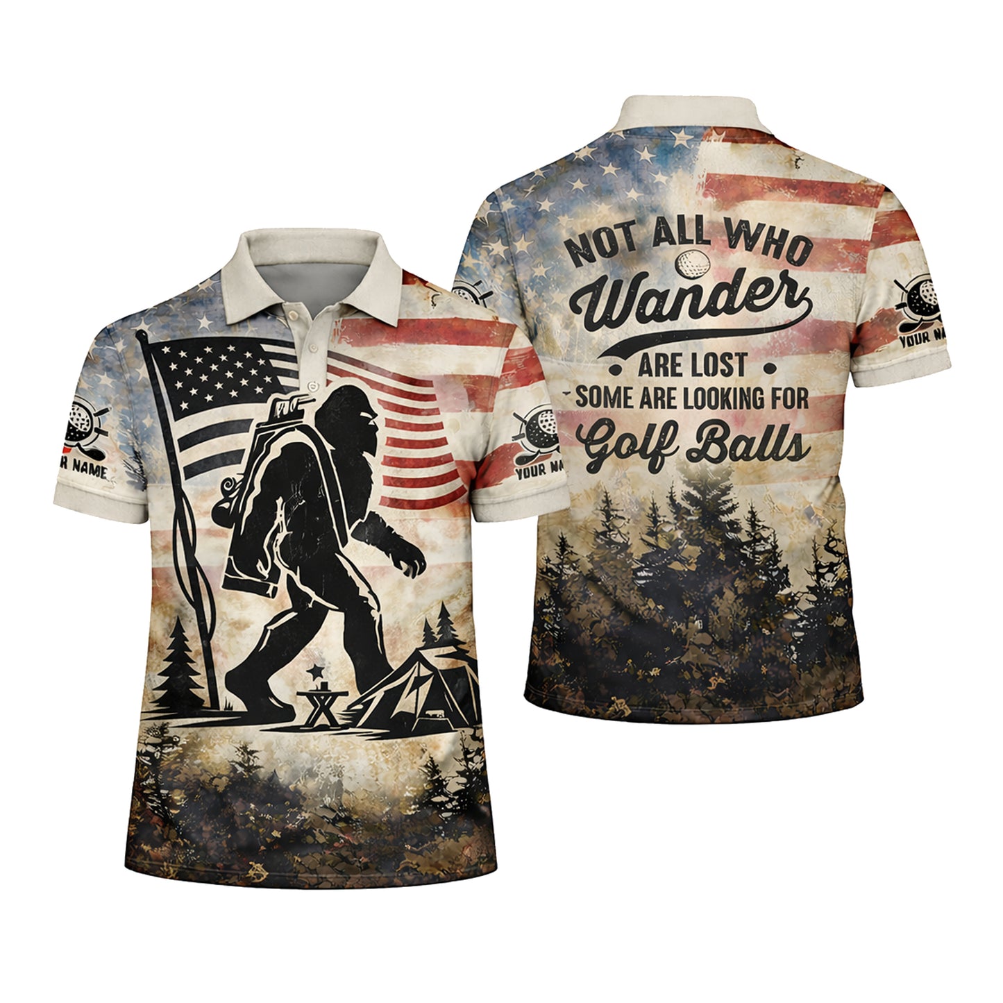 Golf Polo Shirt Men Funny Golf Quote American Flag Bigfoot Sasquatch Graphic Shirt Breathable Mesh Top