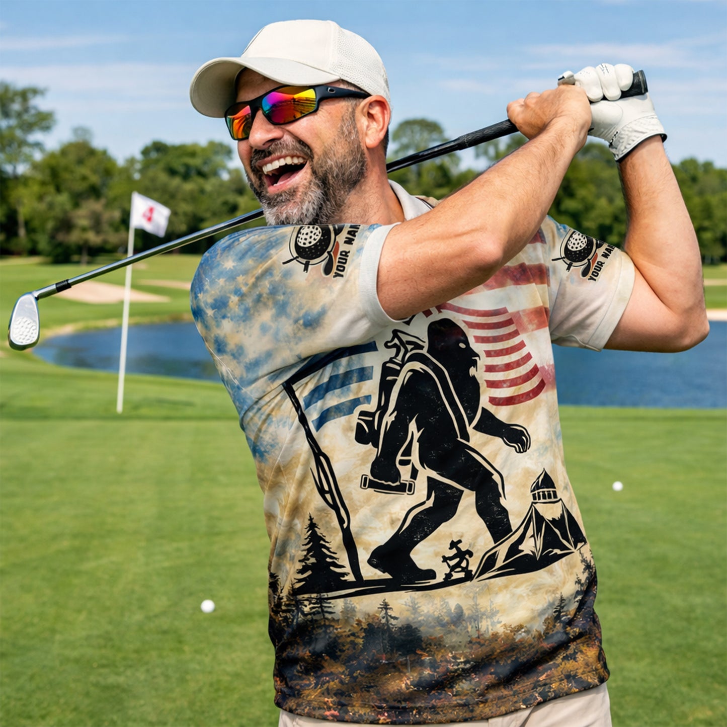 Golf Polo Shirt Men Funny Golf Quote American Flag Bigfoot Sasquatch Graphic Shirt Breathable Mesh Top