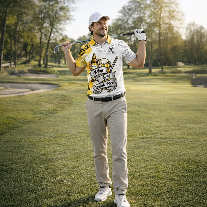 Golf Polo Shirt Funny Golf And Beer Custom Name Shirt Men Breathable Performance Golf Apparel