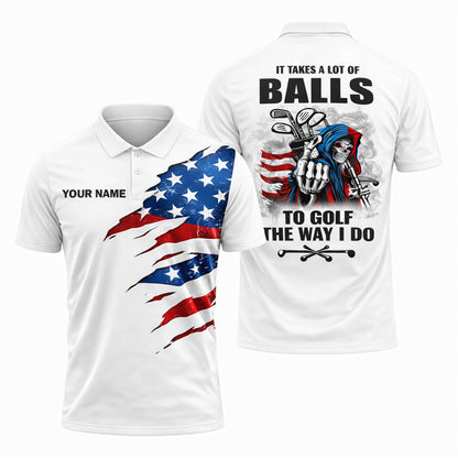 Funny Golf Polo Shirt USA Flag Patriotic Skull Graphic Custom Name Golf Shirt Breathable Performance