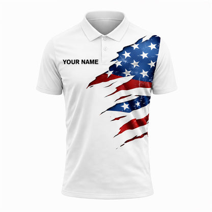 Funny Golf Polo Shirt USA Flag Patriotic Skull Graphic Custom Name Golf Shirt Breathable Performance