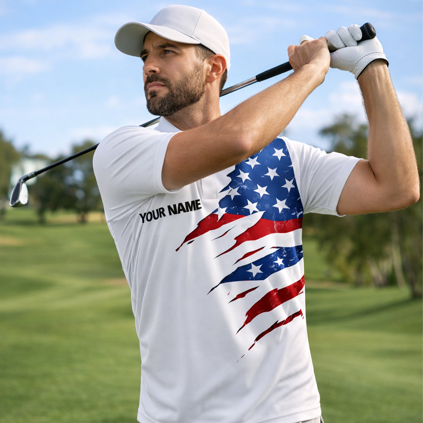 Funny Golf Polo Shirt USA Flag Patriotic Skull Graphic Custom Name Golf Shirt Breathable Performance