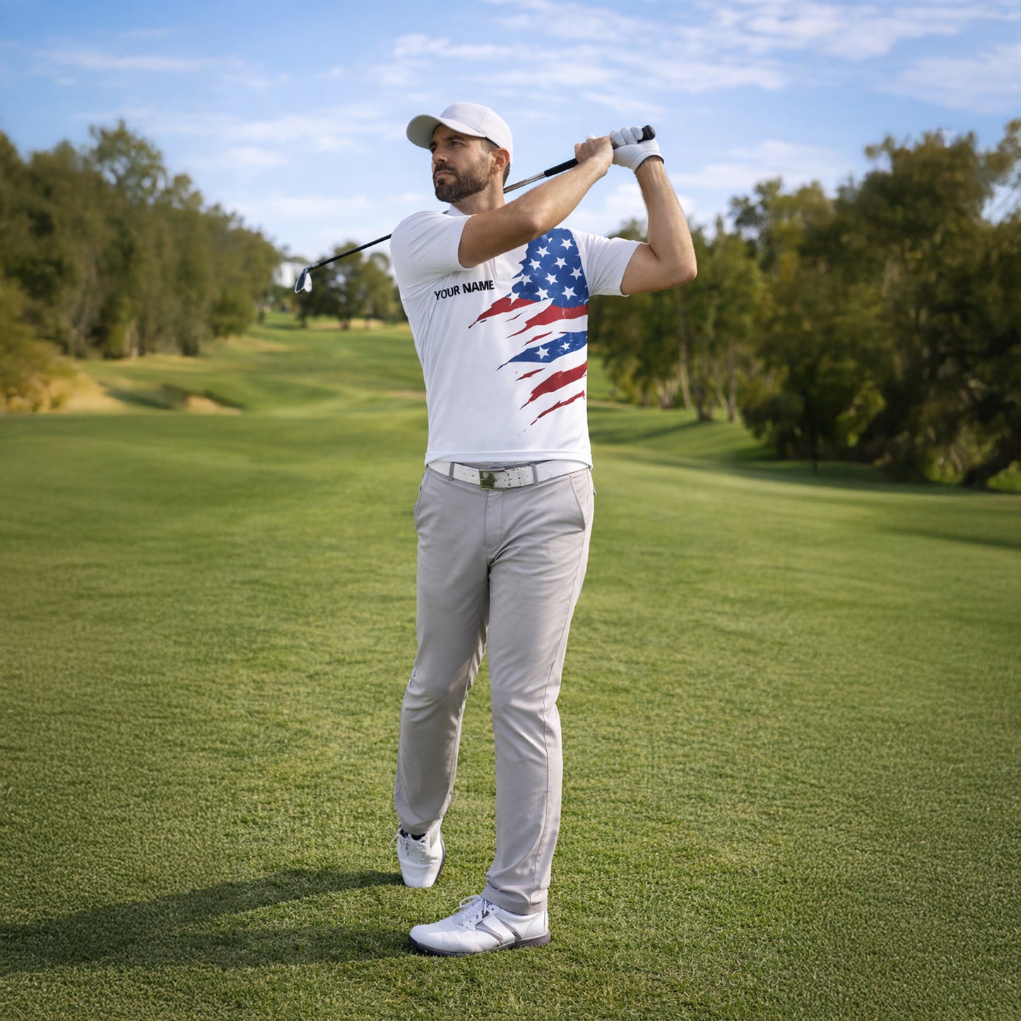 Funny Golf Polo Shirt USA Flag Patriotic Skull Graphic Custom Name Golf Shirt Breathable Performance