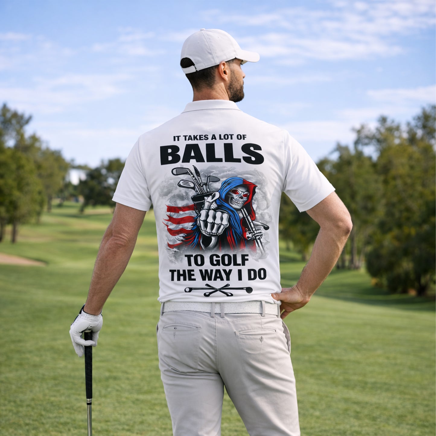 Funny Golf Polo Shirt USA Flag Patriotic Skull Graphic Custom Name Golf Shirt Breathable Performance