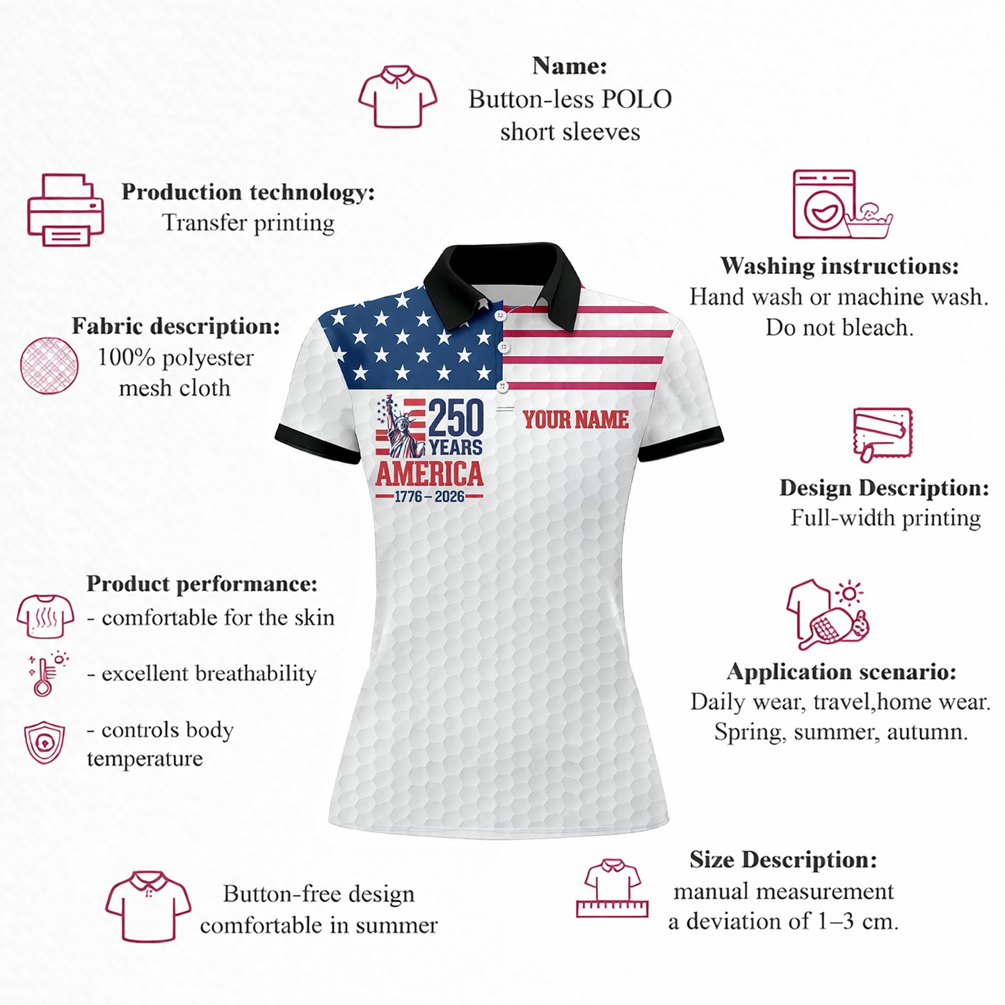 Women Patriotic 250 Years America Polo Shirt Custom Name USA Flag Golf Shirt Independence 1776-2026