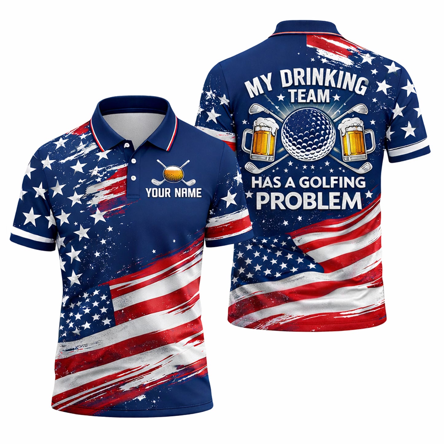 USA Flag Golf Polo Shirt Funny Drinking Team Personalized Name Patriotic Performance Shirt