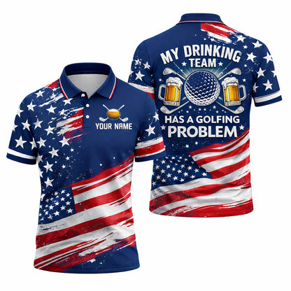 USA Flag Golf Polo Shirt Funny Drinking Team Personalized Name Patriotic Performance Shirt