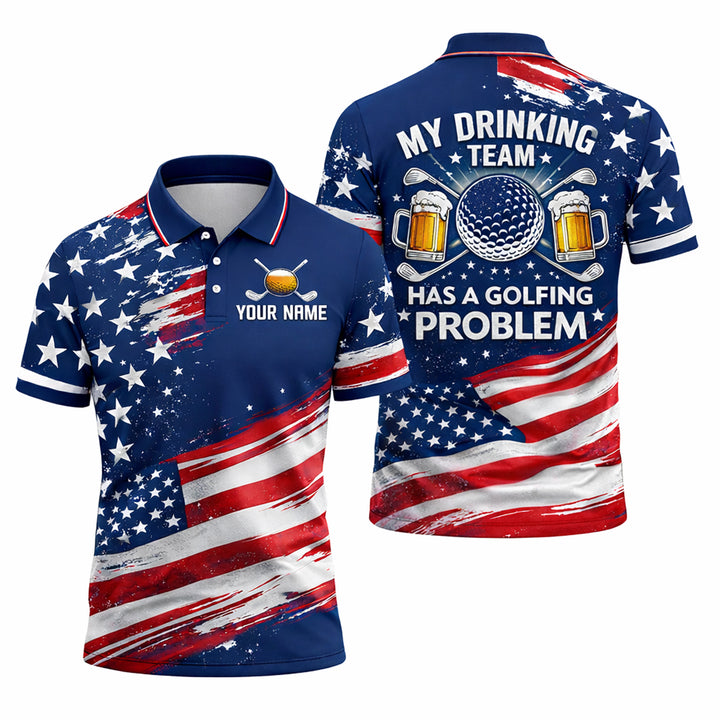 USA Flag Golf Polo Shirt Funny Drinking Team Personalized Name Patriotic Performance Shirt
