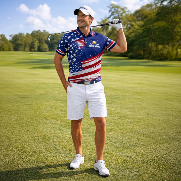 USA Flag Golf Polo Shirt Funny Drinking Team Personalized Name Patriotic Performance Shirt