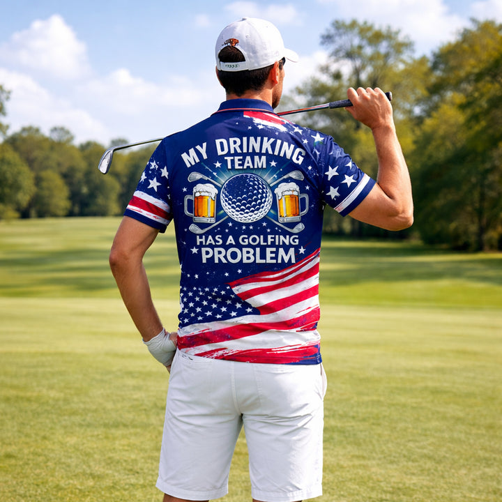 USA Flag Golf Polo Shirt Funny Drinking Team Personalized Name Patriotic Performance Shirt