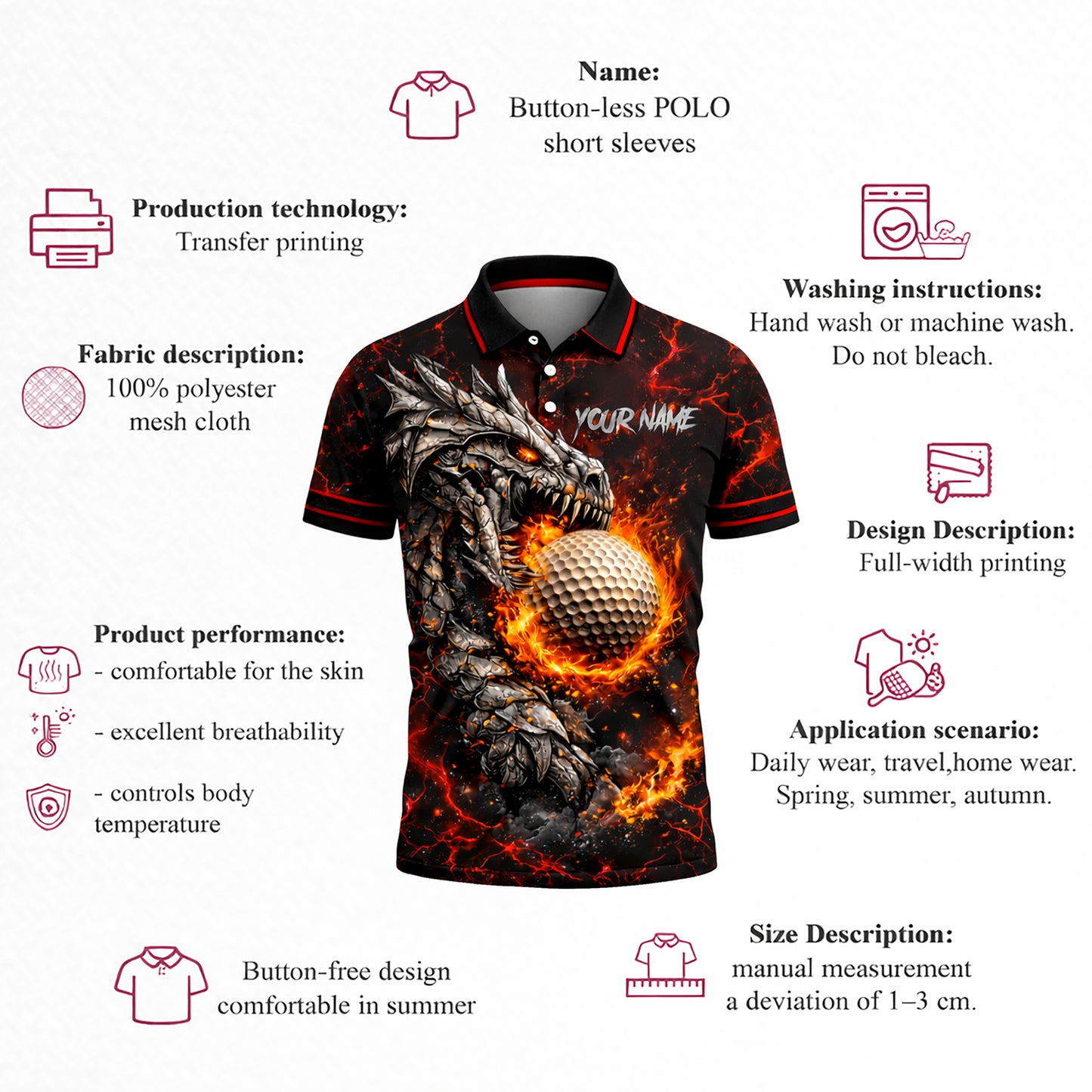 Dragon Fire Golf Polo Shirt Custom Name Team Shirt 3D Graphic Performance Polo