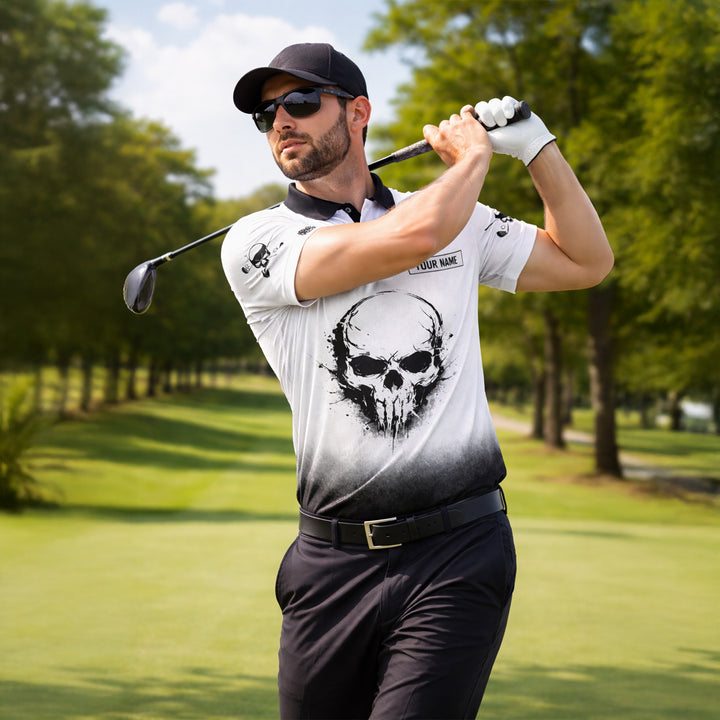 Funny Golf Polo Shirt Skull Graphic Custom Name Golf Shirt Breathable Athletic Polo