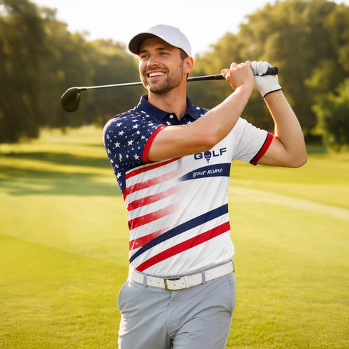 Men Patriotic Golf Polo Shirt USA Flag Custom Name Golf Shirt I Put It In Every Hole Funny Golf Shirt