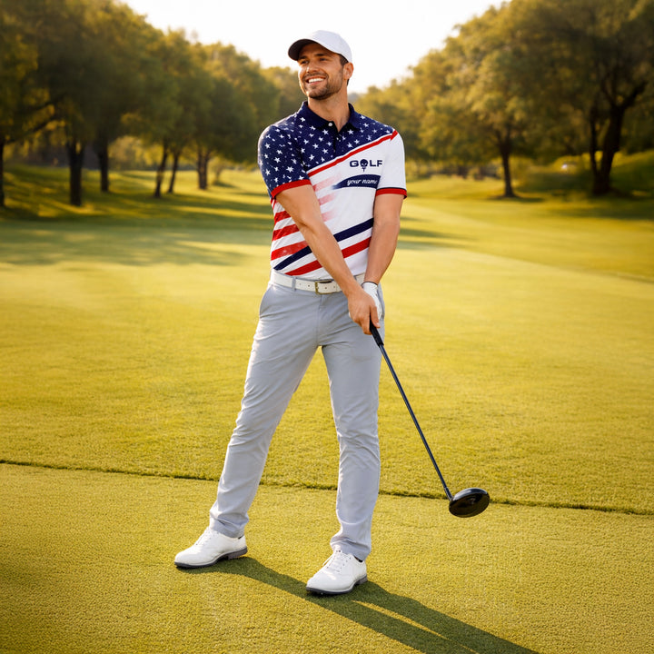 Men Patriotic Golf Polo Shirt USA Flag Custom Name Golf Shirt I Put It In Every Hole Funny Golf Shirt