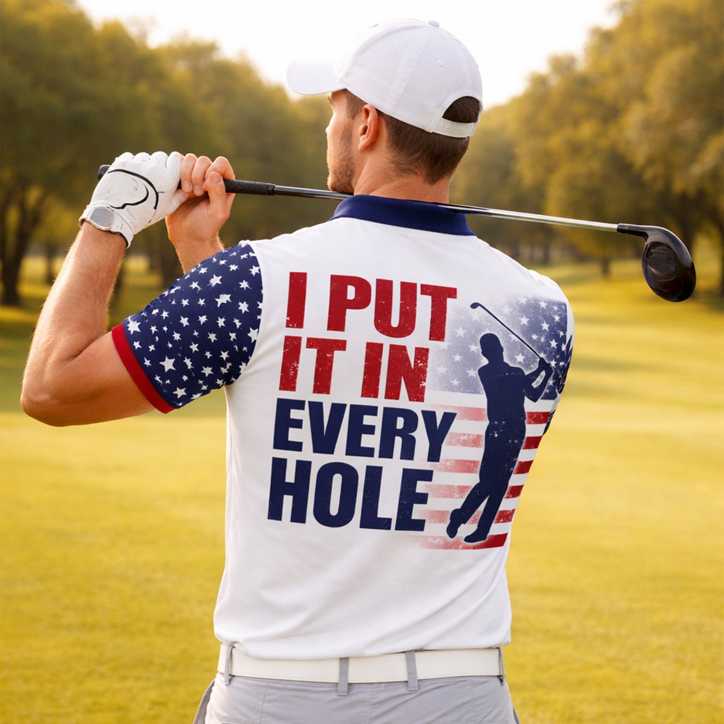 Men Patriotic Golf Polo Shirt USA Flag Custom Name Golf Shirt I Put It In Every Hole Funny Golf Shirt