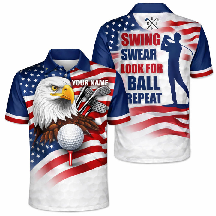 Men's Patriotic Golf Polo Shirt Custom Name Eagle USA Flag Performance Collared Shirt