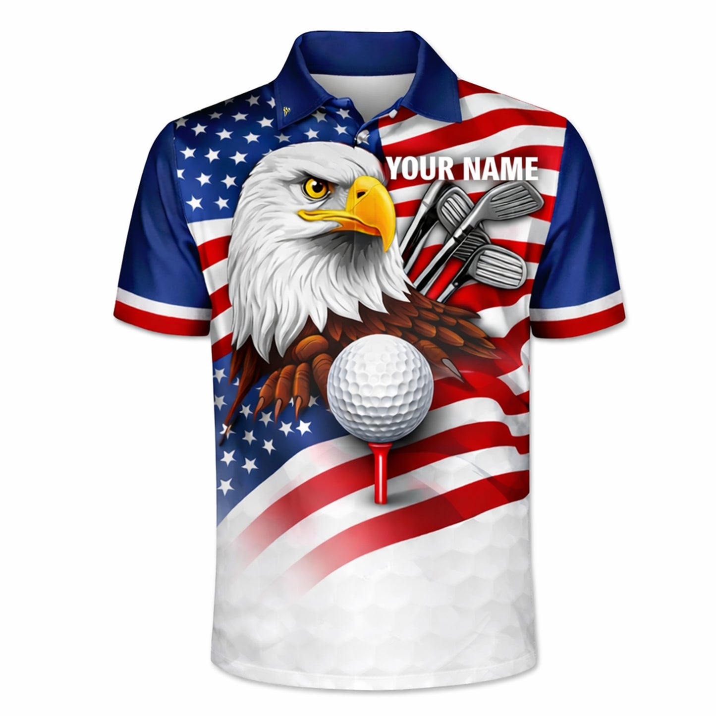 Men's Patriotic Golf Polo Shirt Custom Name Eagle USA Flag Performance Collared Shirt
