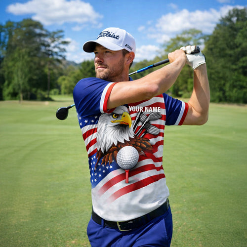 Men's Patriotic Golf Polo Shirt Custom Name Eagle USA Flag Performance Collared Shirt