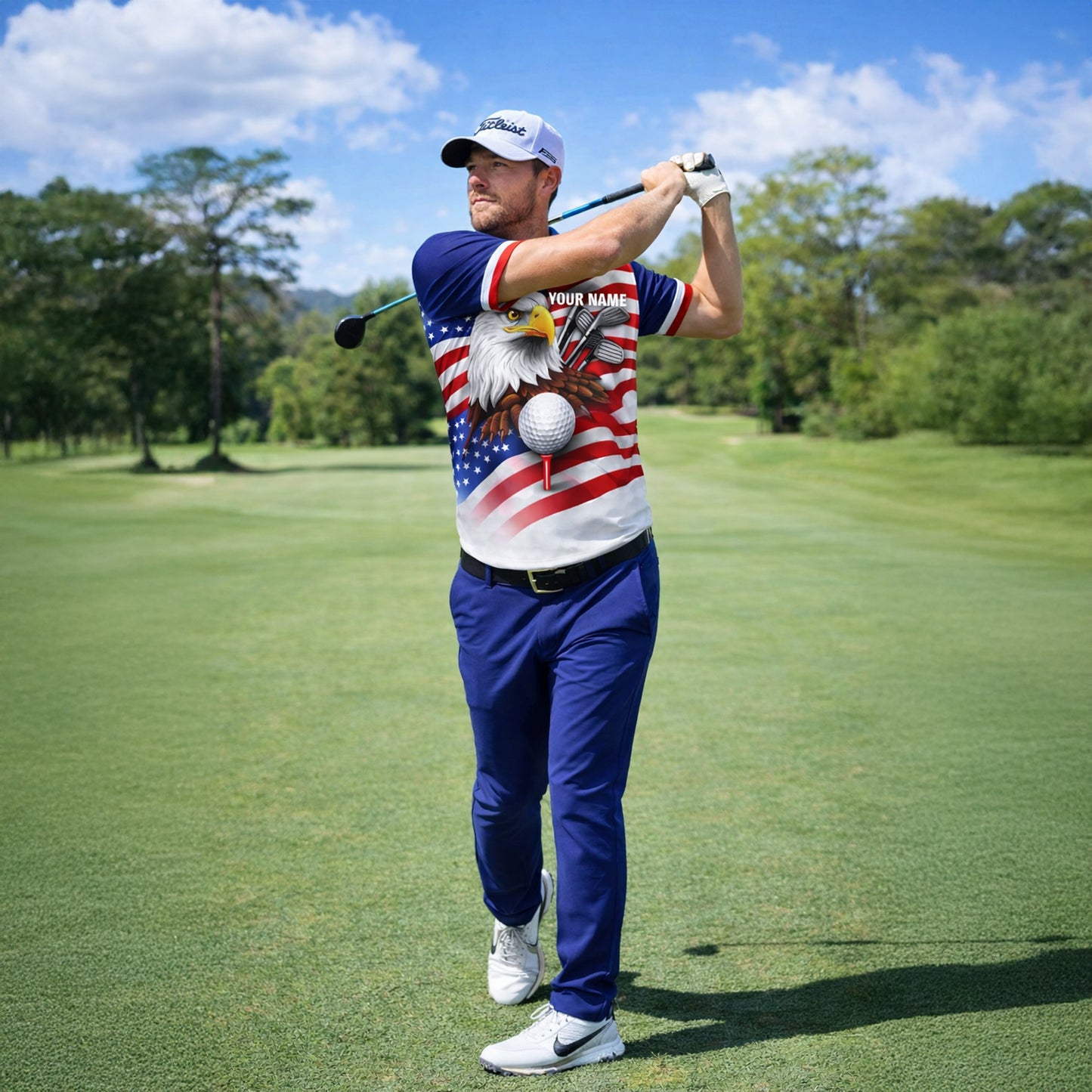 Men's Patriotic Golf Polo Shirt Custom Name Eagle USA Flag Performance Collared Shirt