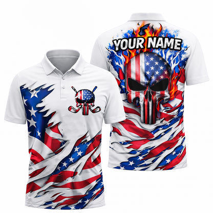 Custom Patriotic Skull Golf Polo Shirt Personalized Name USA Style Unisex