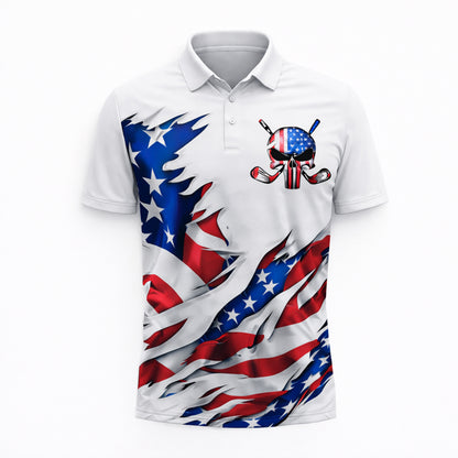 Custom Patriotic Skull Golf Polo Shirt Personalized Name USA Style Unisex
