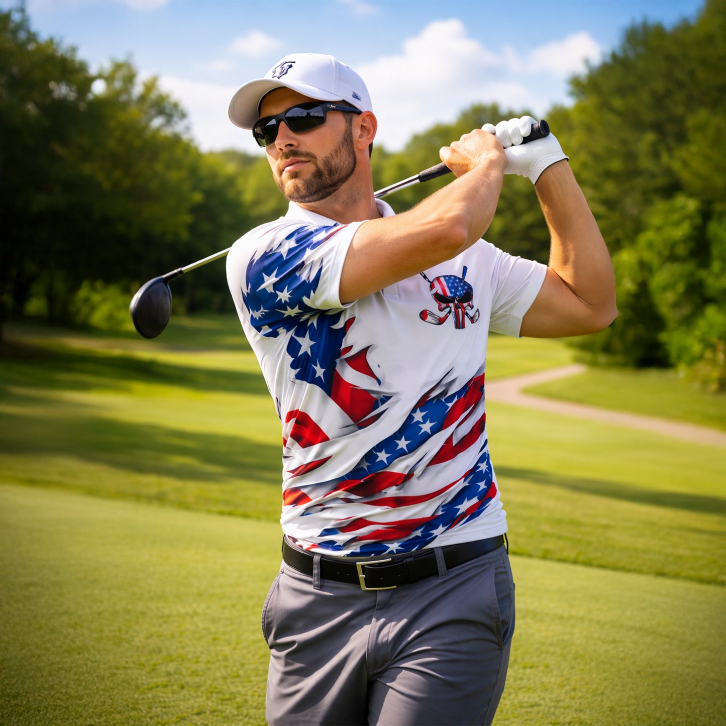 Custom Patriotic Skull Golf Polo Shirt Personalized Name USA Style Unisex