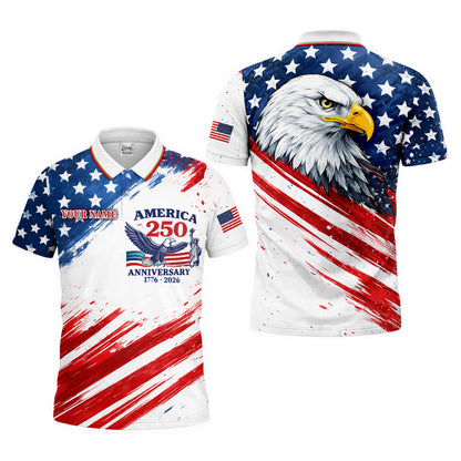 America 250th Anniversary Polo Shirt Custom Name Patriotic Eagle 1776-2026 Golf Shirt
