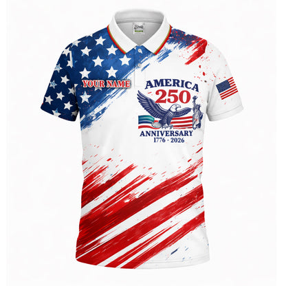 America 250th Anniversary Polo Shirt Custom Name Patriotic Eagle 1776-2026 Golf Shirt