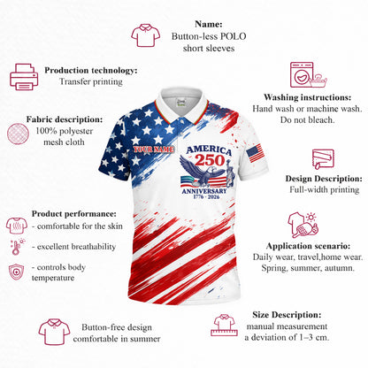 America 250th Anniversary Polo Shirt Custom Name Patriotic Eagle 1776-2026 Golf Shirt