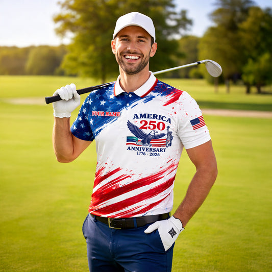 America 250th Anniversary Polo Shirt Custom Name Patriotic Eagle 1776-2026 Golf Shirt