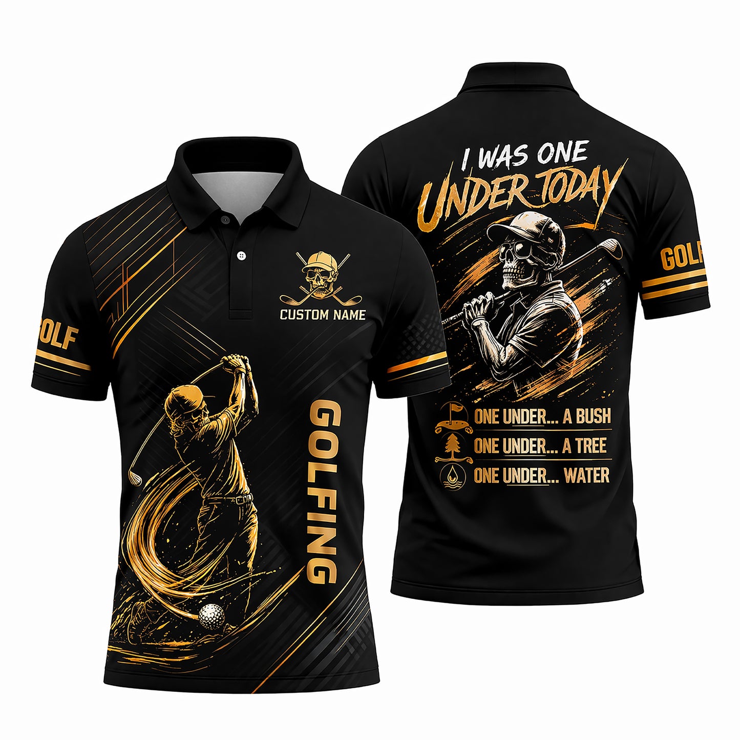 Funny Golf Polo Shirt Skull Golfer Custom Name Black Gold Golfing Shirt Breathable Athletic Polo