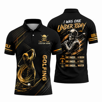 Funny Golf Polo Shirt Skull Golfer Custom Name Black Gold Golfing Shirt Breathable Athletic Polo