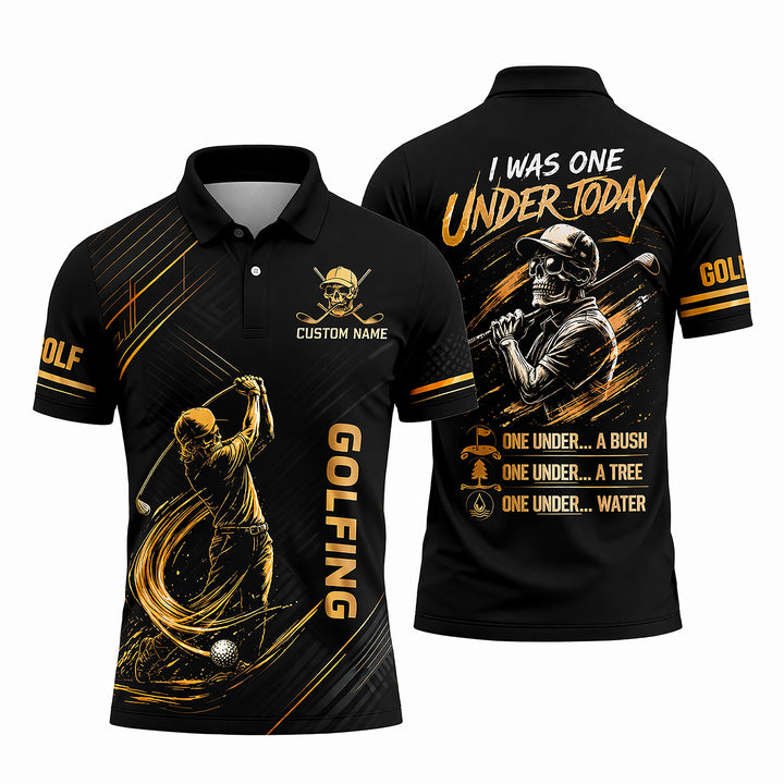 Funny Golf Polo Shirt Skull Golfer Custom Name Black Gold Golfing Shirt Breathable Athletic Polo