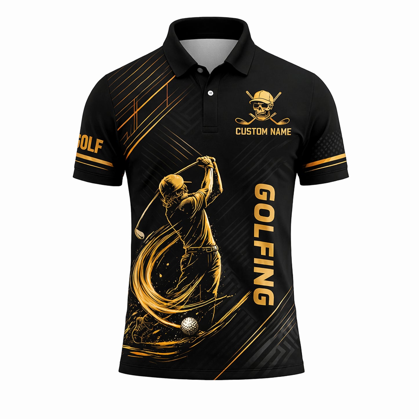 Funny Golf Polo Shirt Skull Golfer Custom Name Black Gold Golfing Shirt Breathable Athletic Polo
