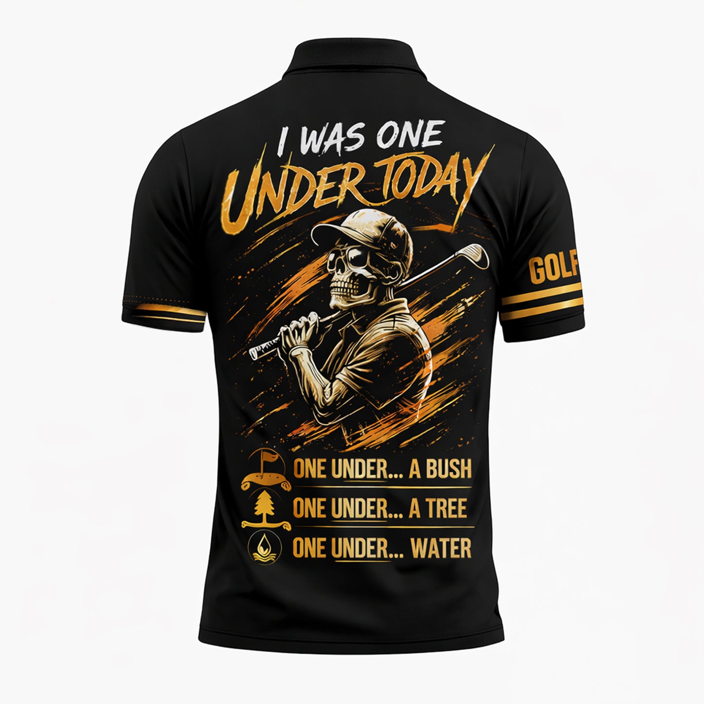 Funny Golf Polo Shirt Skull Golfer Custom Name Black Gold Golfing Shirt Breathable Athletic Polo