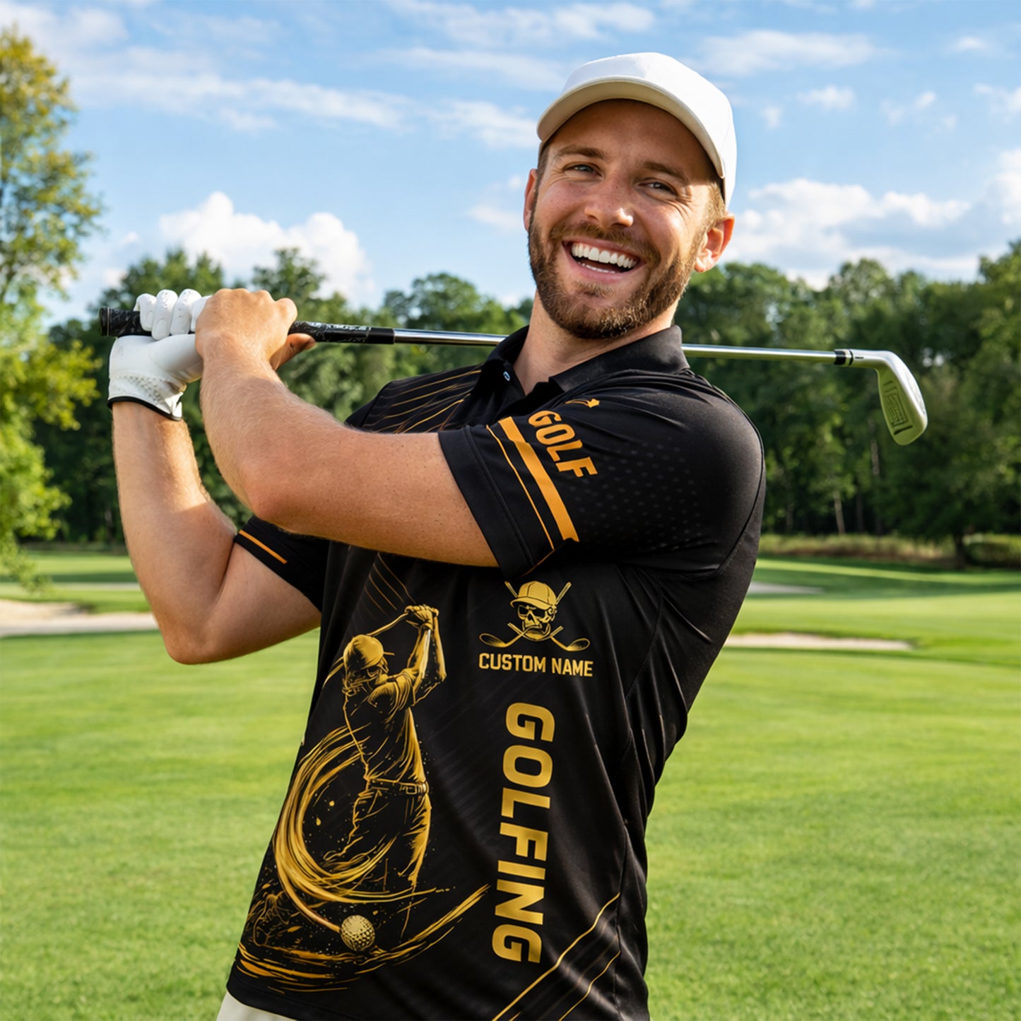 Funny Golf Polo Shirt Skull Golfer Custom Name Black Gold Golfing Shirt Breathable Athletic Polo
