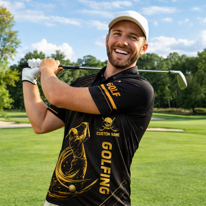 Funny Golf Polo Shirt Skull Golfer Custom Name Black Gold Golfing Shirt Breathable Athletic Polo