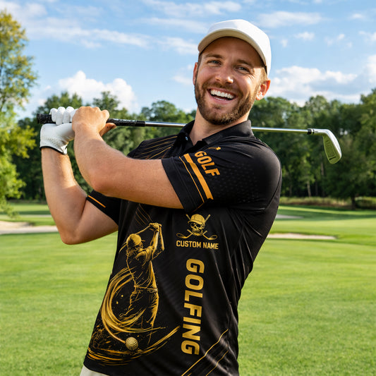 Funny Golf Polo Shirt Skull Golfer Custom Name Black Gold Golfing Shirt Breathable Athletic Polo
