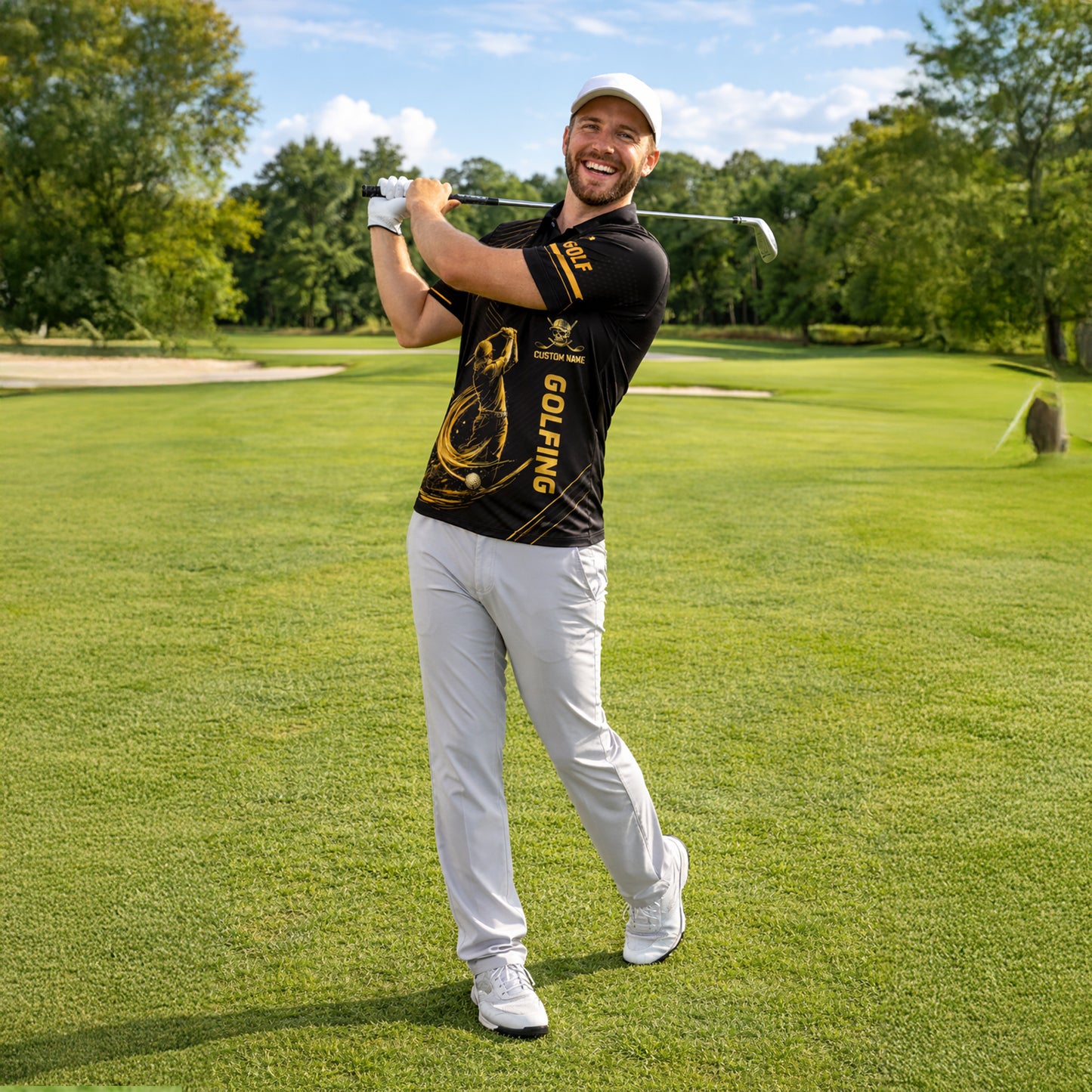 Funny Golf Polo Shirt Skull Golfer Custom Name Black Gold Golfing Shirt Breathable Athletic Polo