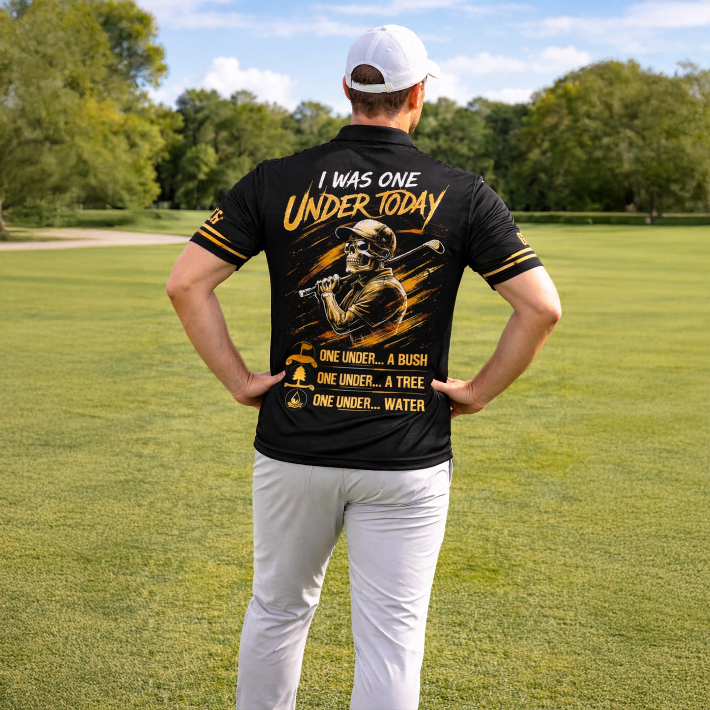 Funny Golf Polo Shirt Skull Golfer Custom Name Black Gold Golfing Shirt Breathable Athletic Polo