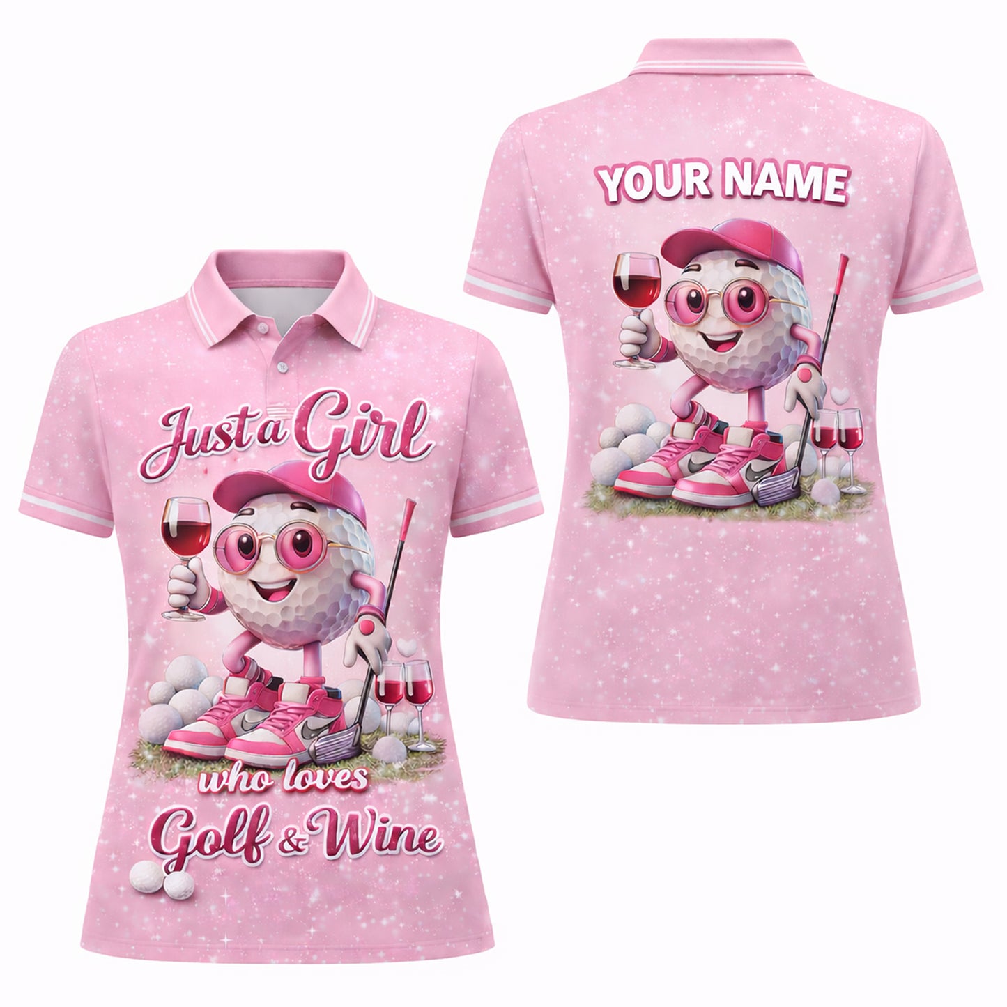 Women Golf Polo Shirt Funny Golf & Wine Lover Custom Name Pink Cute Golf Ball Design