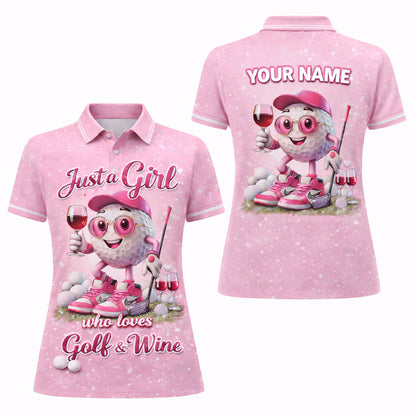 Women Golf Polo Shirt Funny Golf & Wine Lover Custom Name Pink Cute Golf Ball Design
